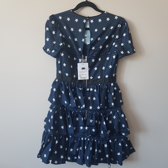 self portrait navy star printed tiered mini dress - Picture 4 of 6